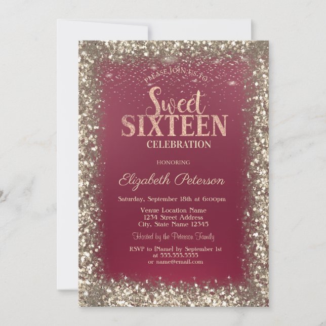 Elegant Modern Gold Sequins Frame Red Sweet 16 Invitation (Front)