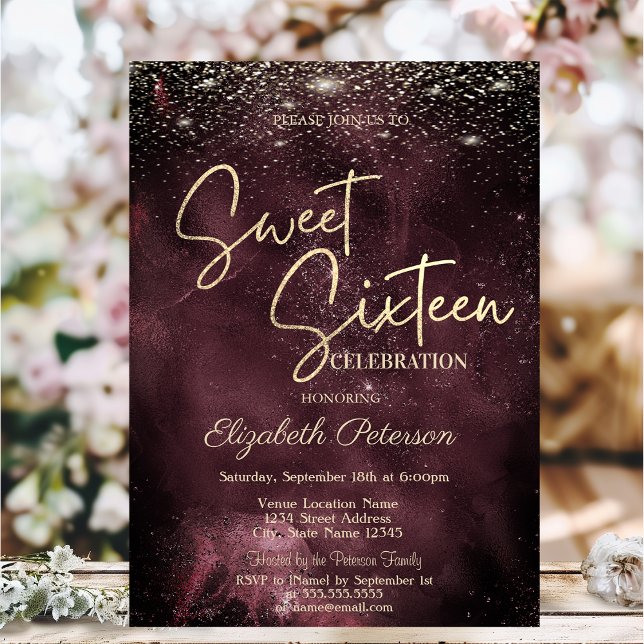 Elegant Modern Gold Stars Burgundy Sweet 16 Invitation (Creator Uploaded)