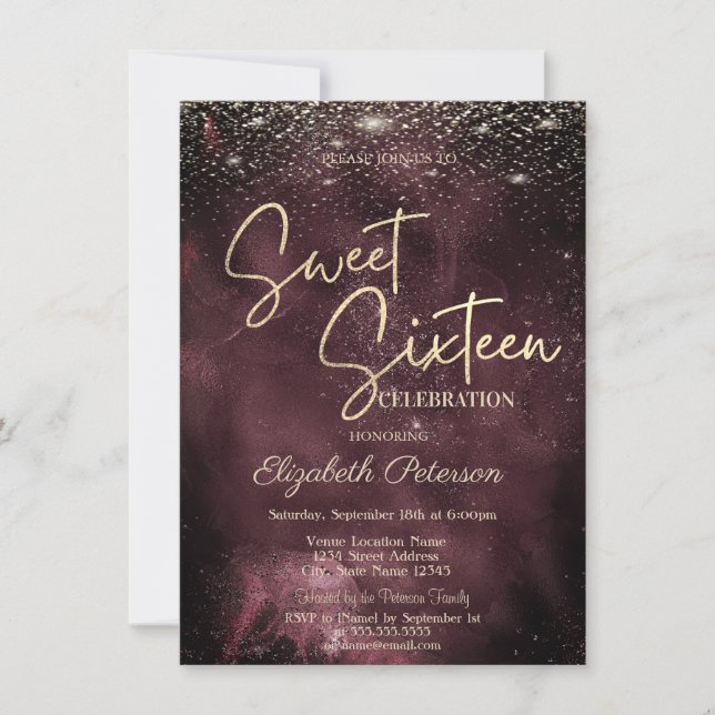 Elegant Modern Gold Stars Burgundy Sweet 16 Invitation (Front)