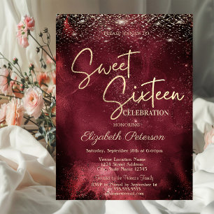 Elegant Modern Gold Stars Dark Red Sweet 16 Invitation