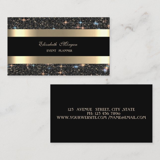 Elegant Modern Gold Striped Black Glitter Sparkle Business Card (Front/Back)