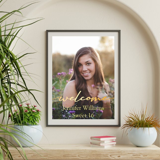 elegant modern gold sweet 16 photo welcome sign (Creator Uploaded)