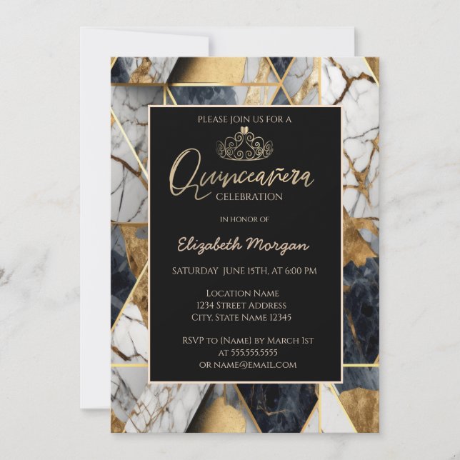 Elegant Modern Gold Tiara,Black Geometric Marble  Invitation (Front)