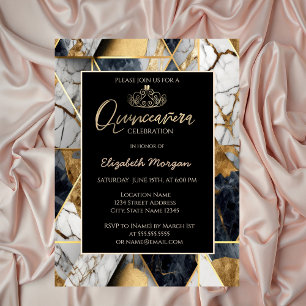 Elegant Modern Gold Tiara,Black Geometric Marble  Invitation