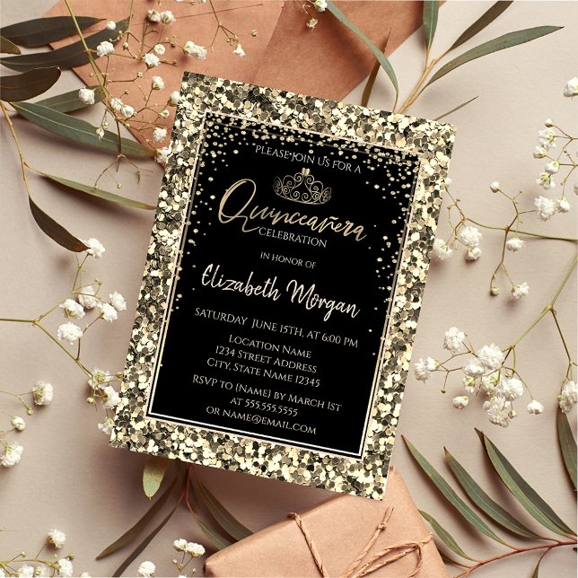 Elegant Modern Gold Tiara,Sequins Quinceanera Invitation (Creator Uploaded)