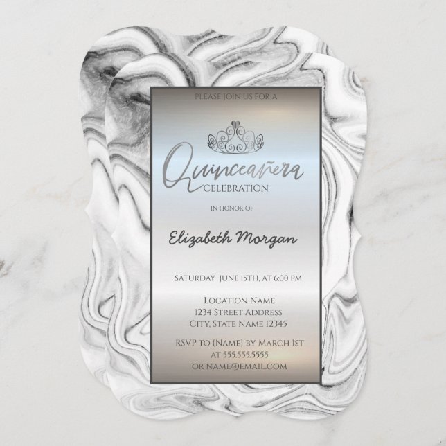 Elegant Modern Gold Tiara,Silver Marble Invitation (Front/Back)