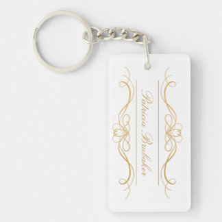 Elegant Modern Gold & White Custom Script Name Key Ring
