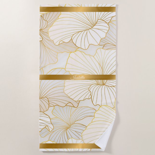 Elegant Modern Gold White Floral Line Collection Beach Towel (Front)