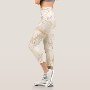 Elegant Modern Gold White Floral Line Collection Capri Leggings