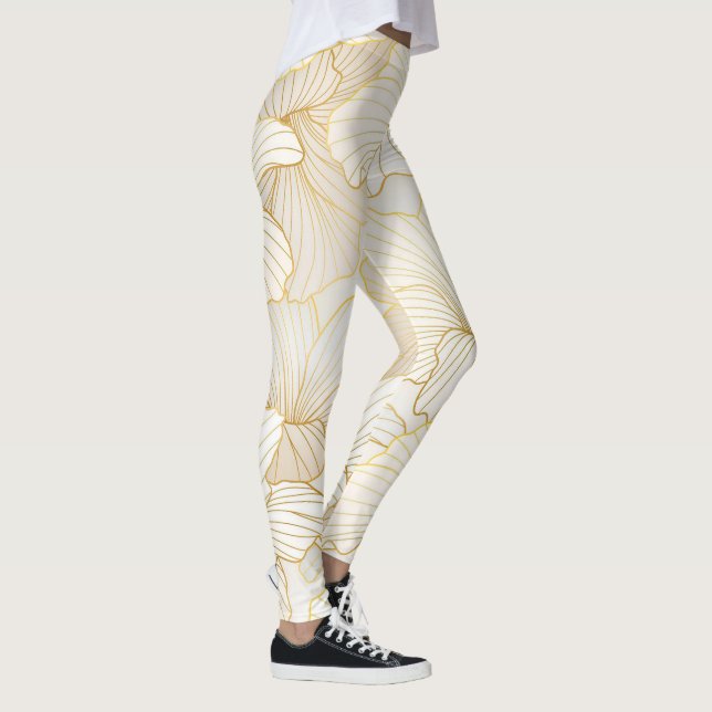 Elegant Modern Gold White Floral Line Collection Leggings (Right)