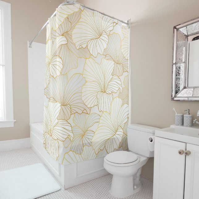 Elegant Modern Gold White Floral Line Collection Shower Curtain (In Situ)