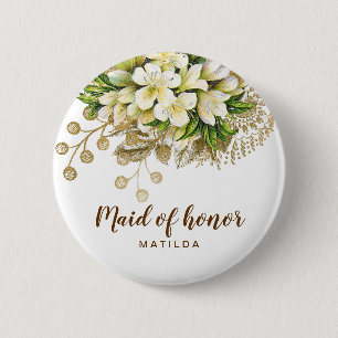 Elegant modern gold white floral maid of honour 6 cm round badge