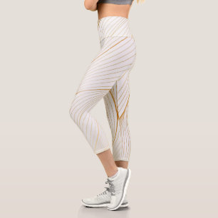 Elegant Modern Gold White Leaves Line Collection Capri Leggings