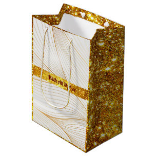 Elegant Modern Gold White Leaves Line Collection Medium Gift Bag