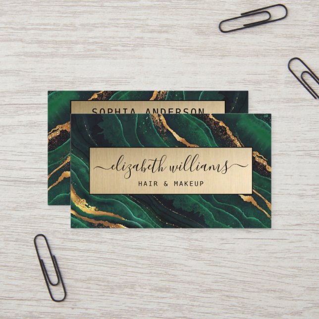 Elegant Modern GoldGlitter Navy Green Agate Golden Business Card (Front/Back In Situ)