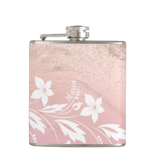Elegant modern gradient rose gold glitter floral hip flask