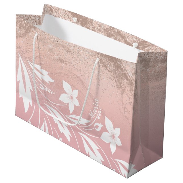 Elegant modern gradient rose gold glitter floral large gift bag (Front Angled)