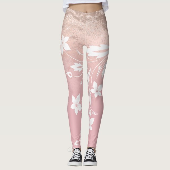 Elegant modern gradient rose gold glitter floral leggings (Front)