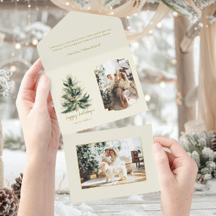 Elegant Modern Green and Gold Christmas Tree Photo All In One Invitation