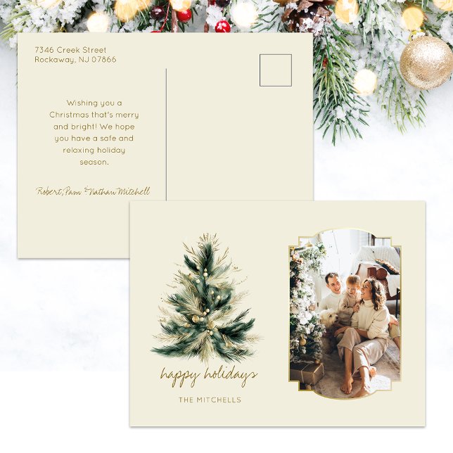 Elegant Modern Green and Gold Christmas Tree Photo Holiday Postcard (Creator Uploaded)