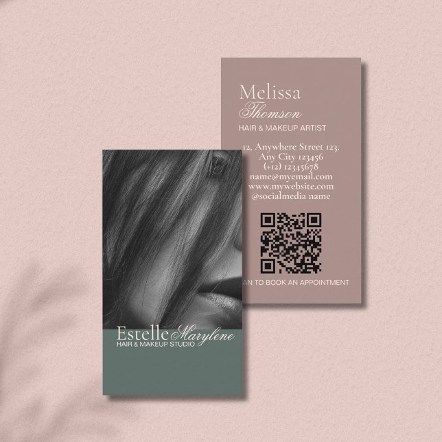 Elegant Modern Green Brown Photo Hair Studio    Business Card (Creator Uploaded)