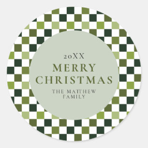 Elegant Modern Green Check Christmas Classic Round Sticker