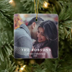 Elegant Modern Green Christmas Trees Couple Photo Ceramic Ornament