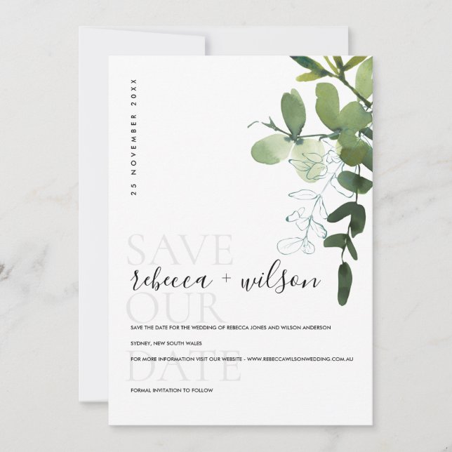 ELEGANT MODERN GREEN EUCALYPTUS FOLIAGE WATERCOLOR SAVE THE DATE (Front)