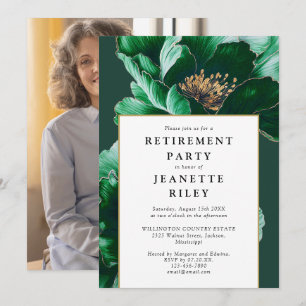 Elegant Modern Green Floral Retirement Party Photo Invitation