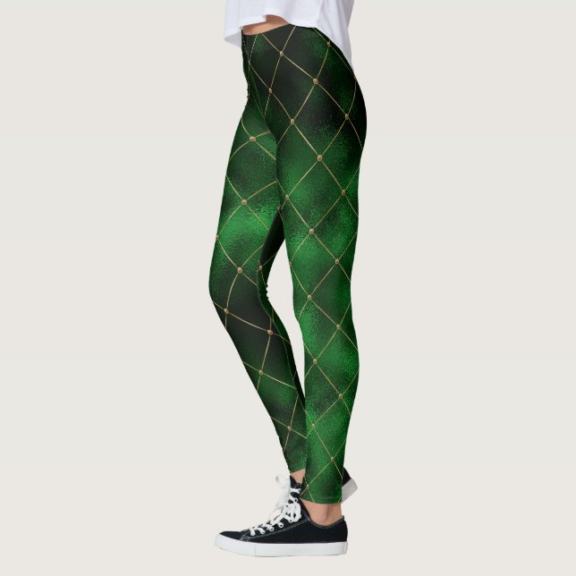 Elegant Modern Green Gold Diamond Square Pattern Leggings (Left)