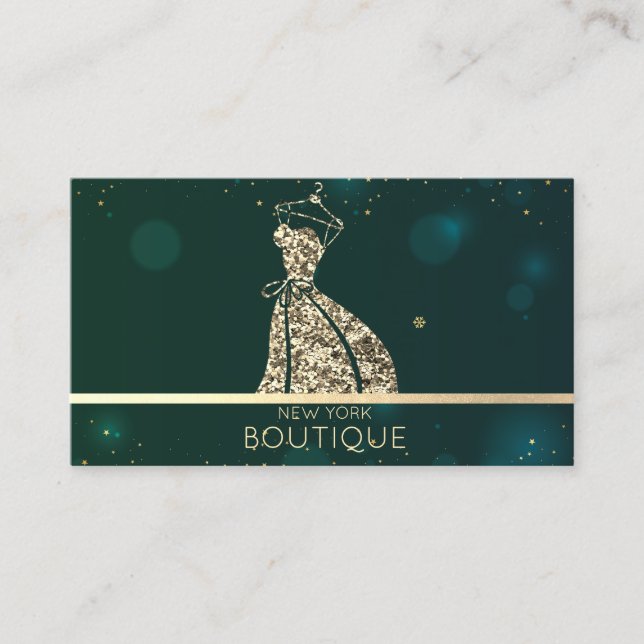 Elegant Modern Green Gold Glitter Dress Business Card (Front)