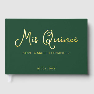 Elegant Modern Green Gold Photo Quinceañera Guest Book