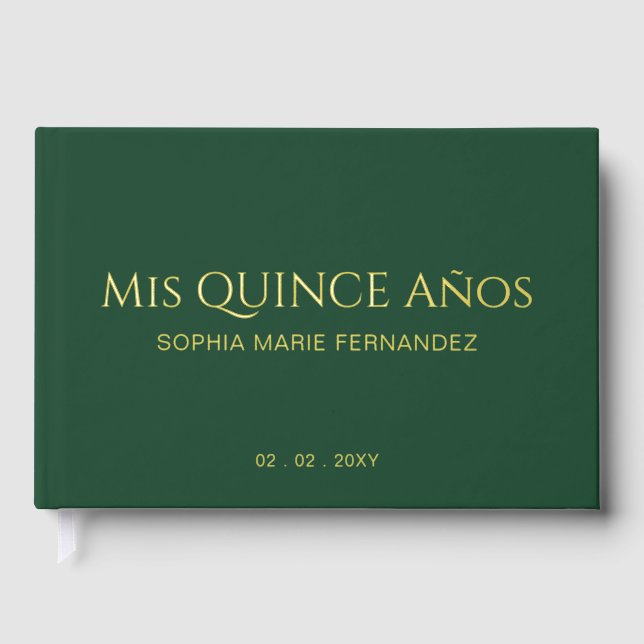 Elegant Modern Green Gold Photo Quinceañera Guest Book (Front)