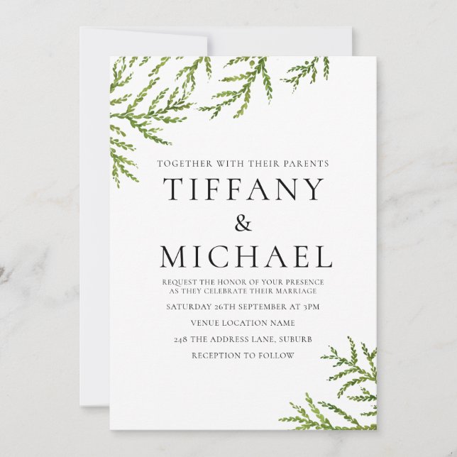 Elegant Modern Green Leaf Wedding Invite (Front)