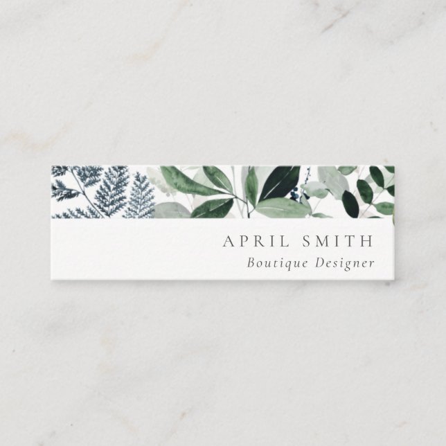 Elegant Modern Green Leafy Tropical Foliage Fern Mini Business Card (Front)