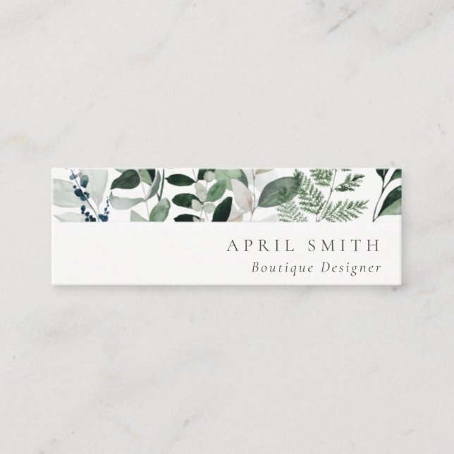 Elegant Modern Green Leafy Tropical Foliage Fern Mini Business Card (Front)