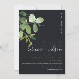 ELEGANT MODERN GREEN NAVY EUCALYPTUS WATERCOLOR SAVE THE DATE