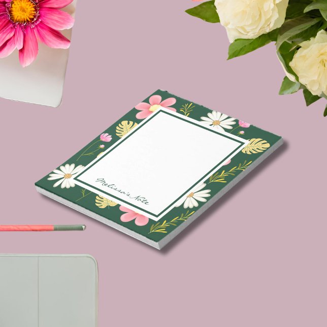 Elegant Modern Green Pink Floral Notepad (Creator Uploaded)