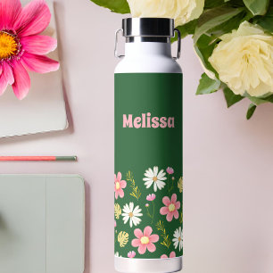 Elegant Modern Green Pink Floral Water Bottle