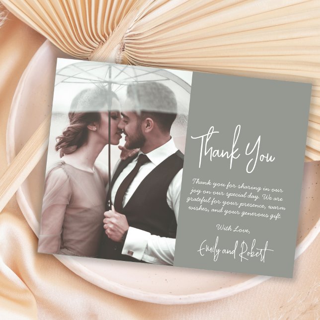 Elegant Modern Green Script Photo Wedding Thank You Card (Creator Uploaded)
