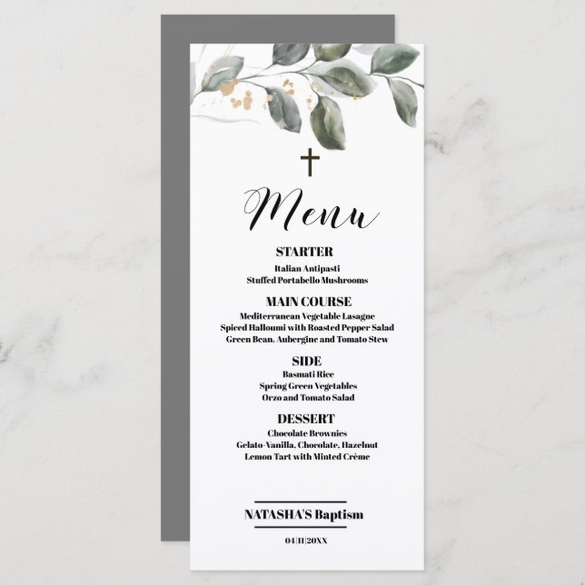 Elegant Modern greenery Baptism 4x9 flat Menu Card (Front/Back)