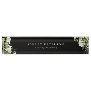 Elegant Modern Greenery Floral Black And White Nameplate