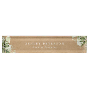 Elegant Modern Greenery Floral Rustic Kraft Nameplate