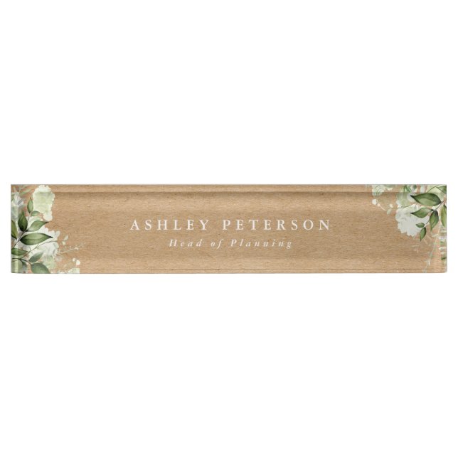 Elegant Modern Greenery Floral Rustic Kraft Nameplate (Front)