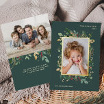 Elegant Modern Greenery | Green with Two Photos<br><div class="desc">These beautiful holiday photo cards say "Peace on Earth" in modern text and feature two of your favourite personal photos. Elegant, modern watercolor greenery with leaves, red berries, and a gold foil centre frame decorate a dark, green background. There is a room for a short personal message on the back....</div>