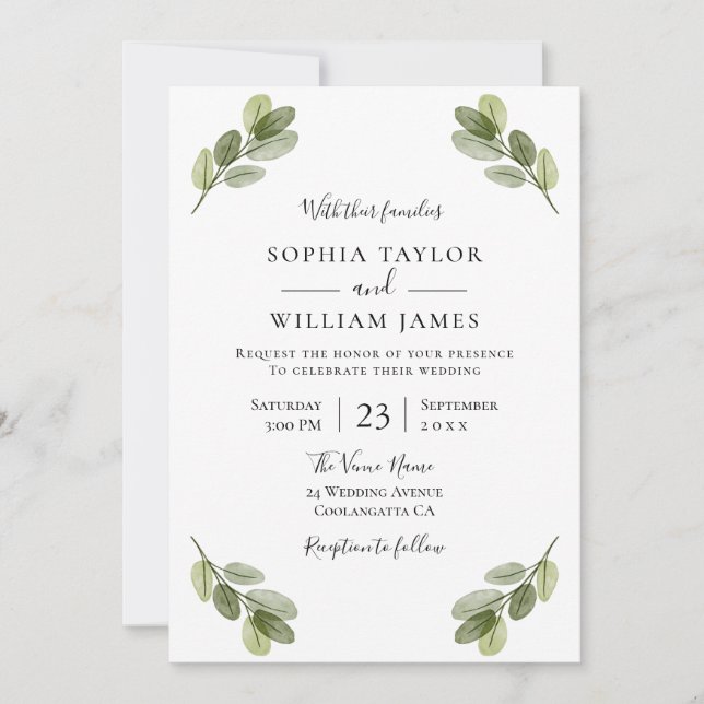 Elegant Modern Greenery Leaves Spring Wedding Invitation (Front)
