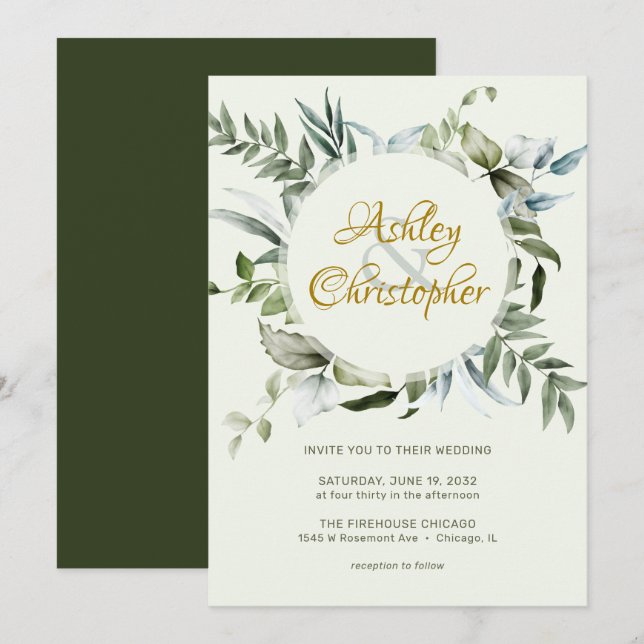 Elegant Modern Greenery Script Wedding Invitation (Front/Back)