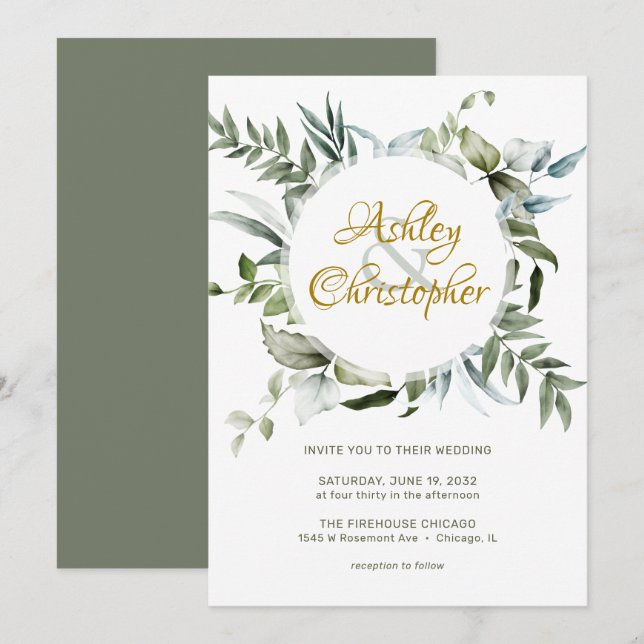 Elegant Modern Greenery Script Wedding Invitation (Front/Back)