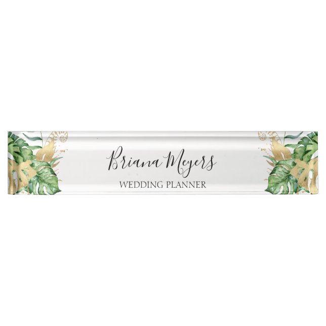 Elegant Modern Greenery Tropical Leaves Business Nameplate (Front)