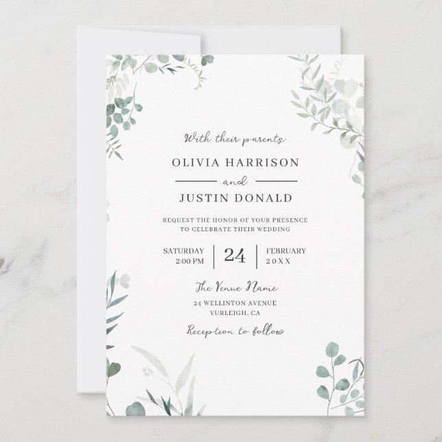 Elegant Modern Greenery Watercolor Wedding Invitation (Front)